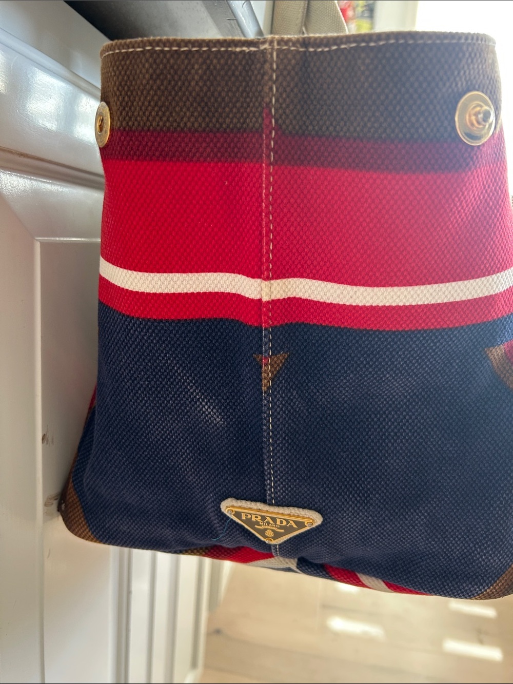 Prada Striped Canvas Tote in Red, Navy & Brown - Picture 3 of 10